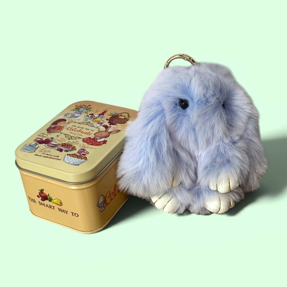 NEW Bunny Lulu Light Blue Faux Fur Rabbit Keychain Decorative Picnic Metal Tin